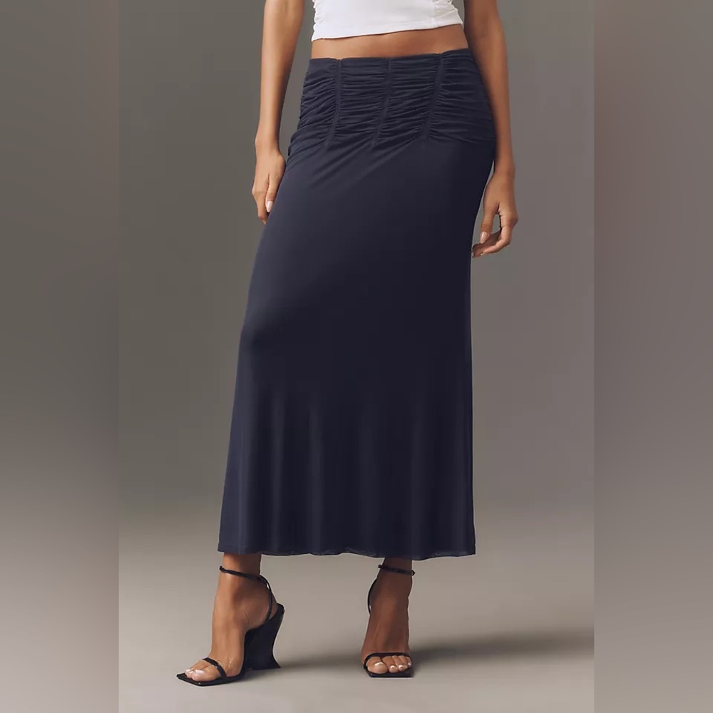 Anthropologie Maeve Dark Navy Blue Ruched Yoke Column Maxi Skirt - Picture 3 of 6